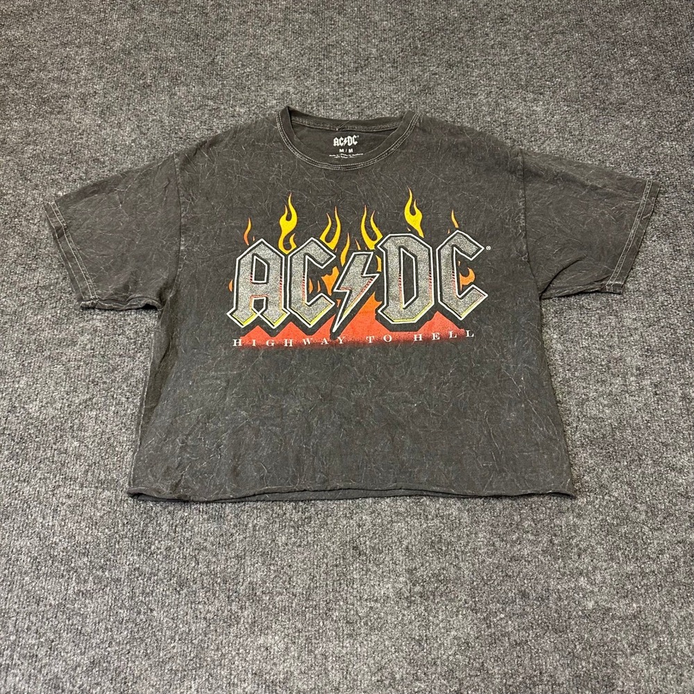 AC/DC T-Shirt Womens Size M Gray Acid Wash Cropped Highway To Hell Band Tee